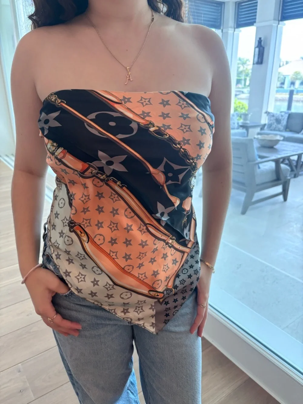Silk Star-Print Tie-Back Bandana Top in Beige & Orange,black - Picture 9 of 12